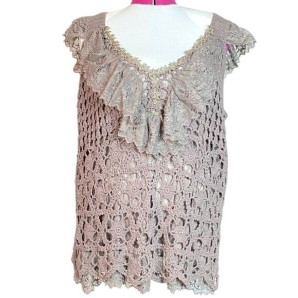Denim 24.7 Tops - Crochet Sleeveless Top 1X Deep Taupe/Mocha With Intricate Floral Accents At Neck